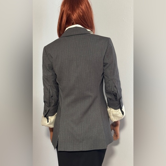 Authentic BCBGMaxAzria Jacket Blazer Gray Pinstripe XS Puffed Sleeves Lined BCBG - Picture 3 of 11